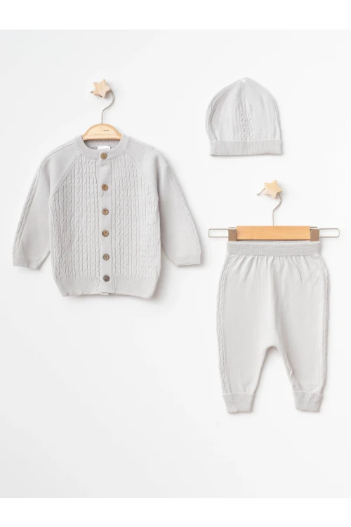 Kendinden Desenli Bebek Şapkalı Triko Takım 4031