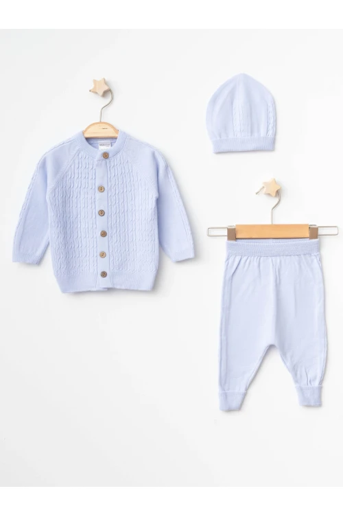 Kendinden Desenli Bebek Şapkalı Triko Takım 4031