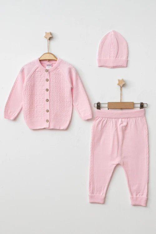 Kendinden Desenli Bebek Şapkalı Triko Takım 4031