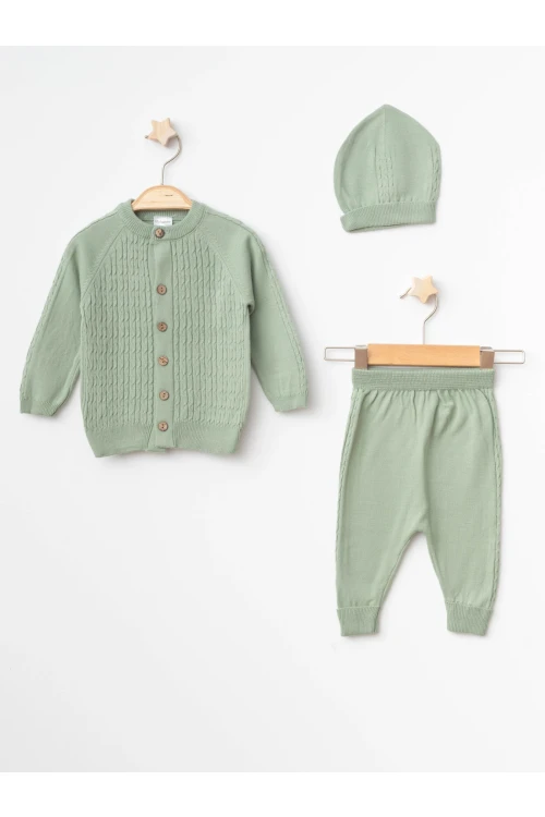 Kendinden Desenli Bebek Şapkalı Triko Takım 4031