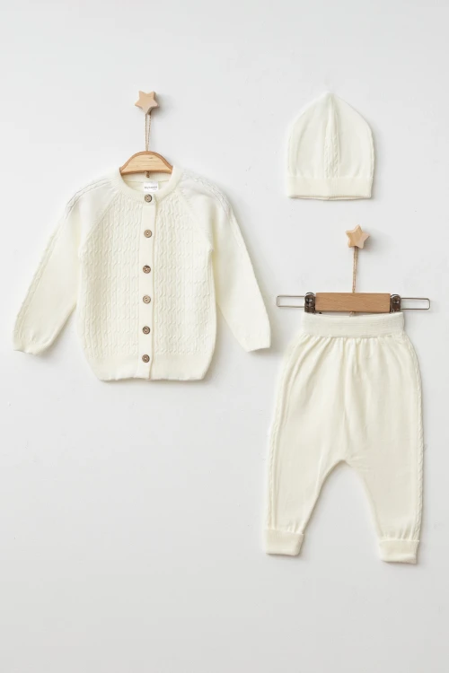 Kendinden Desenli Bebek Şapkalı Triko Takım 4031