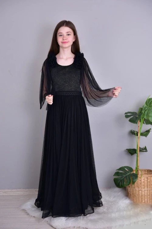 Kolu Fırfırlı Beli Boncuk Detaylı Abiye 502