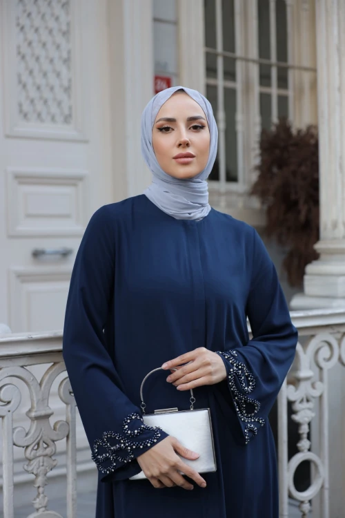 Kolu Taş Detaylı Fermuarlı Ferace 8059-5