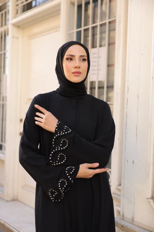 Kolu Taş Detaylı Fermuarlı Ferace 8059-5