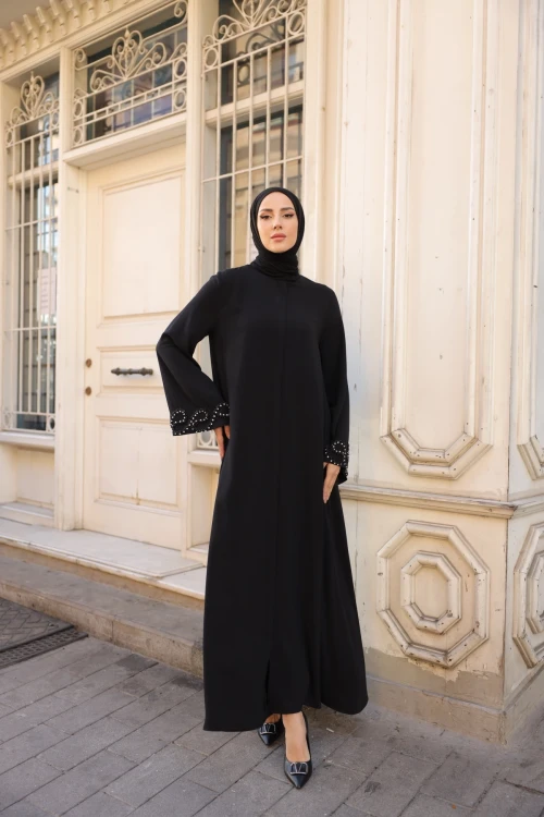 Kolu Taş Detaylı Fermuarlı Ferace 8059-5