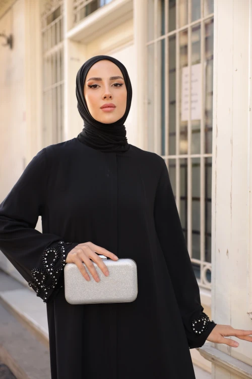 Kolu Taş Detaylı Fermuarlı Ferace 8059-5