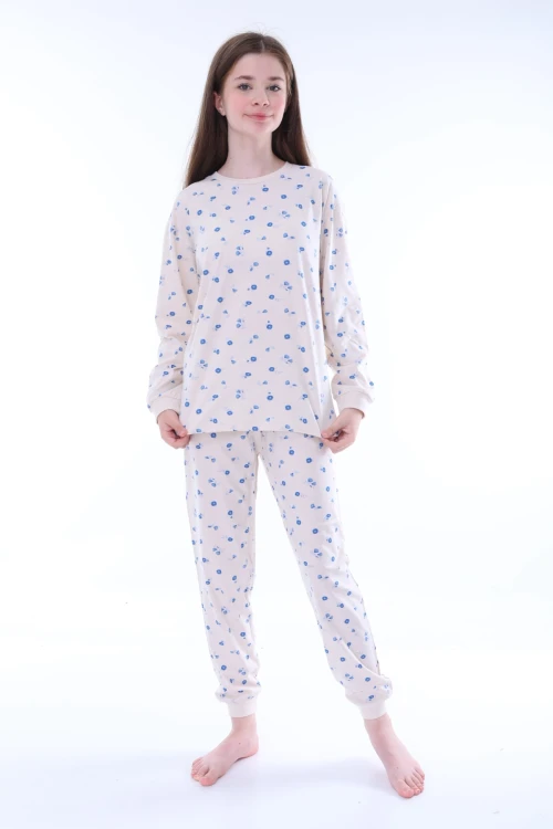 Mavi Çiçek Desenli Kız Çocuk Pijama Takımı 35204