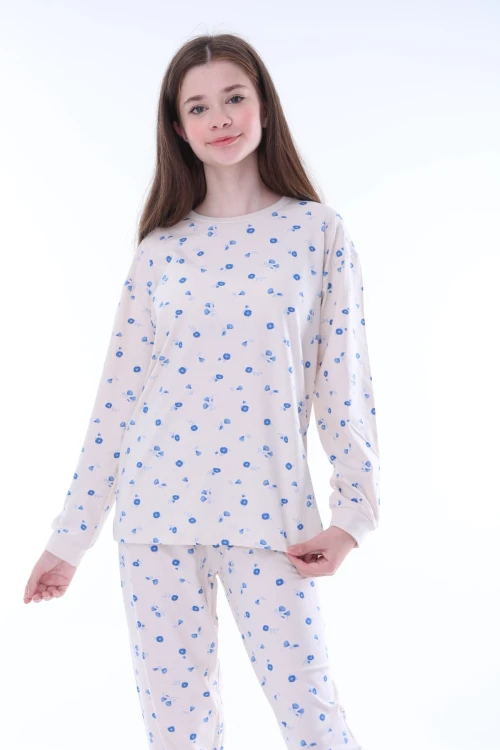 Mavi Çiçek Desenli Kız Çocuk Pijama Takımı 35204