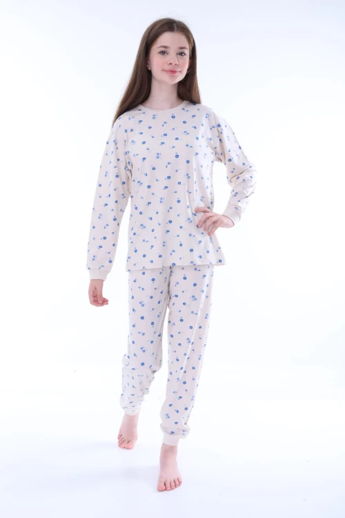 Mavi Çiçek Desenli Kız Çocuk Pijama Takımı 35204