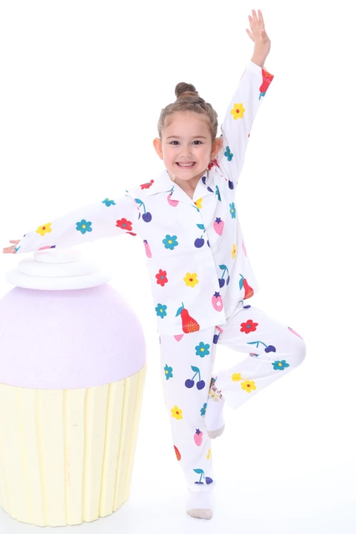 Meyve Desenli Yakalı Kız Çocuk Pijama Takımı 31202