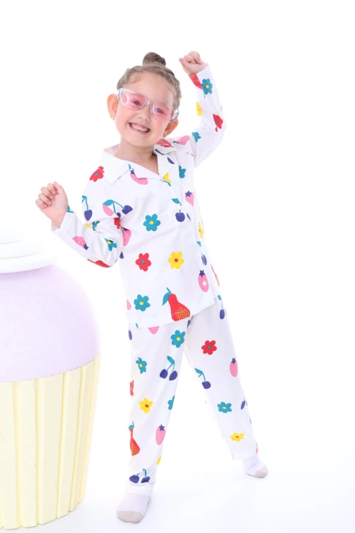 Meyve Desenli Yakalı Kız Çocuk Pijama Takımı 31202