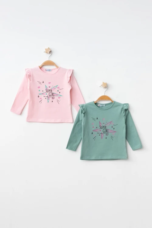 Super Girl Baskılı 2Li Tişört 54356-1