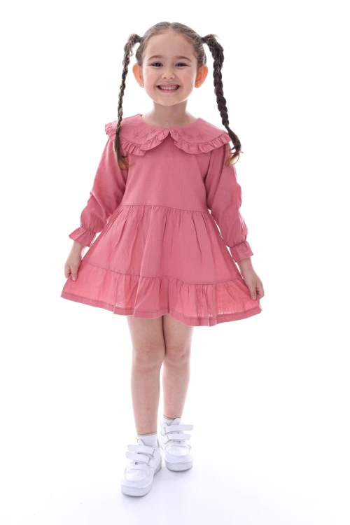 Yakası İşlemeli Fırfırlı Elbise 24030