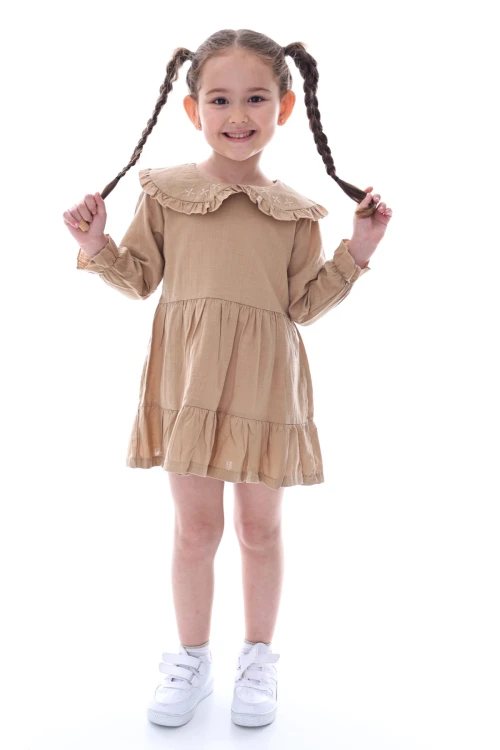 Yakası İşlemeli Fırfırlı Elbise 24030