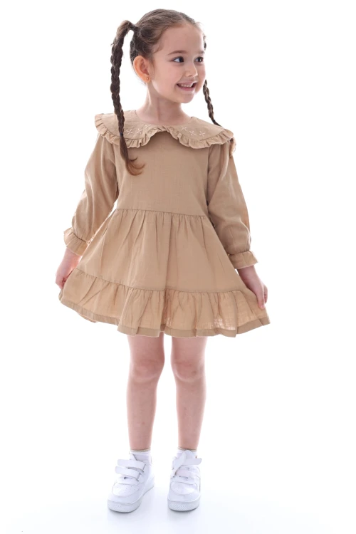 Yakası İşlemeli Fırfırlı Elbise 24030