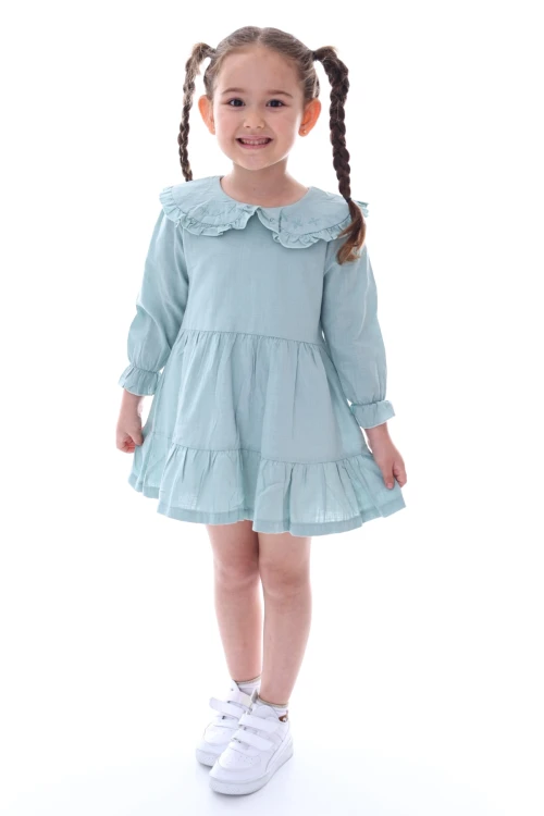 Yakası İşlemeli Fırfırlı Elbise 24030