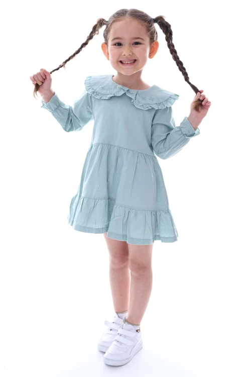 Yakası İşlemeli Fırfırlı Elbise 24030