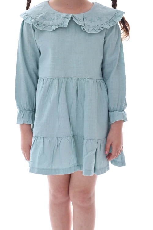 Yakası İşlemeli Fırfırlı Elbise 24030