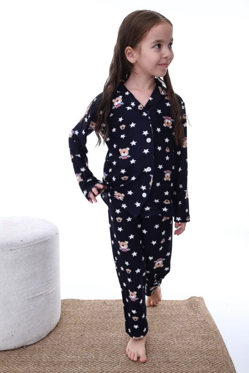 Yıldız ve Ayı Desenli Yakalı Kız Pijama Takımı 2203