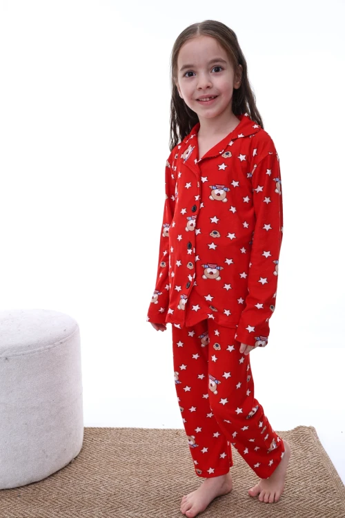 Yıldız ve Ayı Desenli Yakalı Kız Pijama Takımı 2203