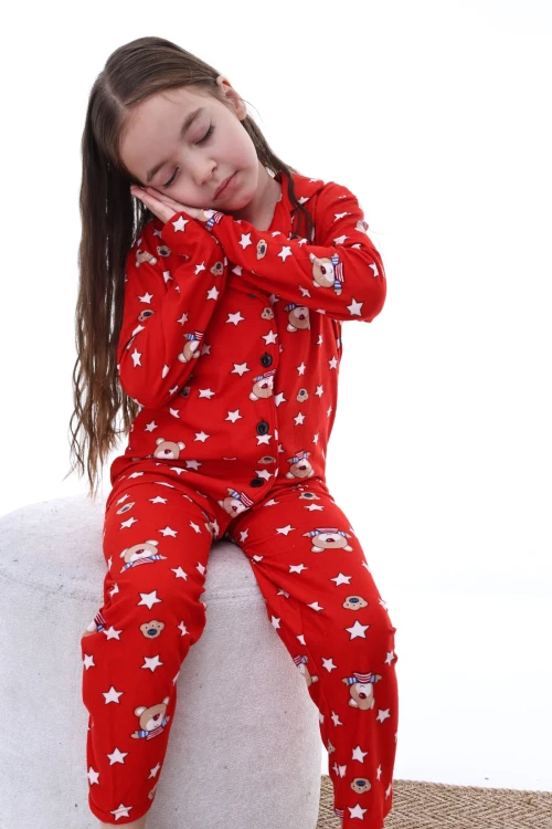 Yıldız ve Ayı Desenli Yakalı Kız Pijama Takımı 2203
