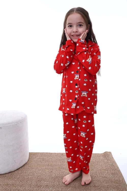 Yıldız ve Ayı Desenli Yakalı Kız Pijama Takımı 2203