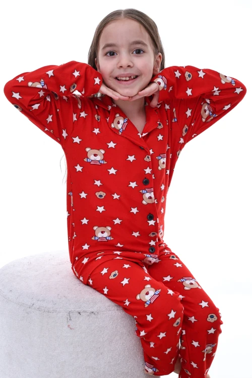 Yıldız ve Ayı Desenli Yakalı Kız Pijama Takımı 2203