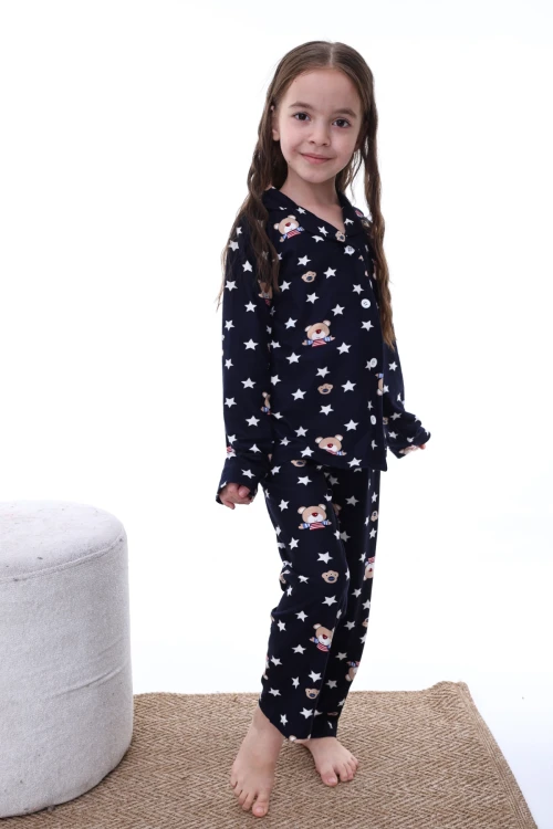 Yıldız ve Ayı Desenli Yakalı Kız Pijama Takımı 2215