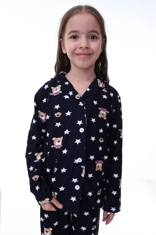 Yıldız ve Ayı Desenli Yakalı Kız Pijama Takımı 2215