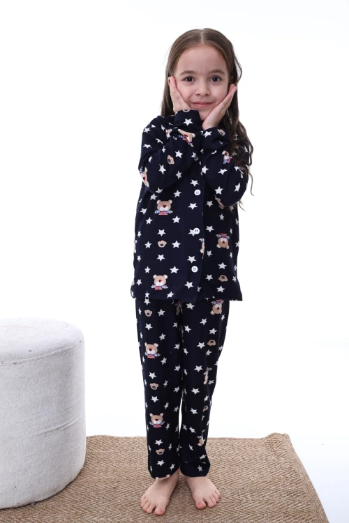 Yıldız ve Ayı Desenli Yakalı Kız Pijama Takımı 2215