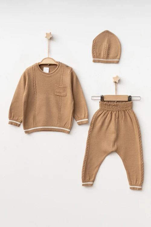 Cepli Örgü Şeritli Şapkalı Triko Takım 4034