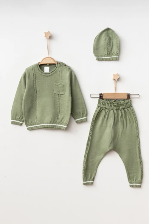 Cepli Örgü Şeritli Şapkalı Triko Takım 4034