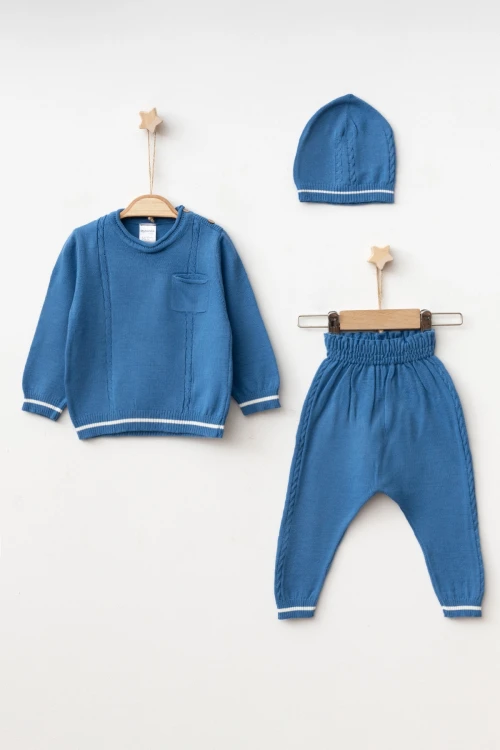 Cepli Örgü Şeritli Şapkalı Triko Takım 4034