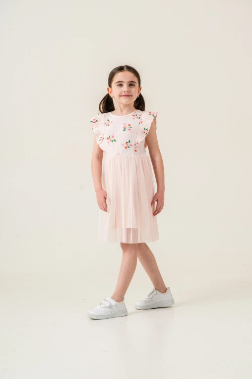 Çiçek Desenli Fırfırlı Kız Çocuk Elbise 009