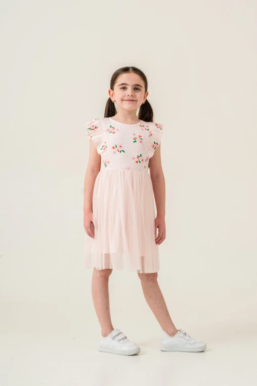 Çiçek Desenli Fırfırlı Kız Çocuk Elbise 009