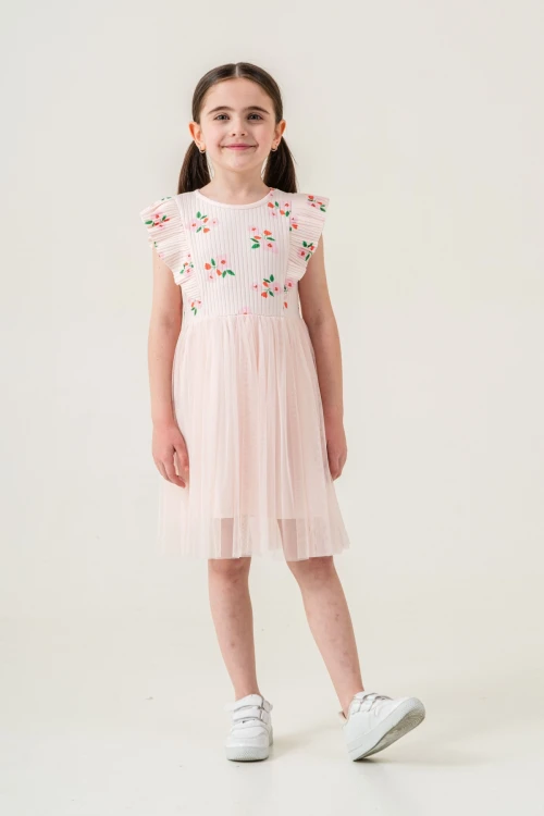 Çiçek Desenli Fırfırlı Kız Çocuk Elbise 009