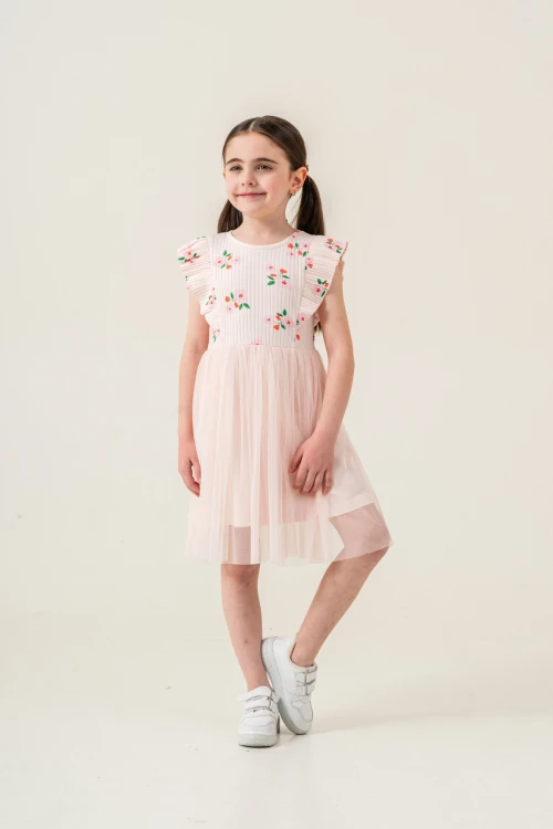 Çiçek Desenli Fırfırlı Kız Çocuk Elbise 009