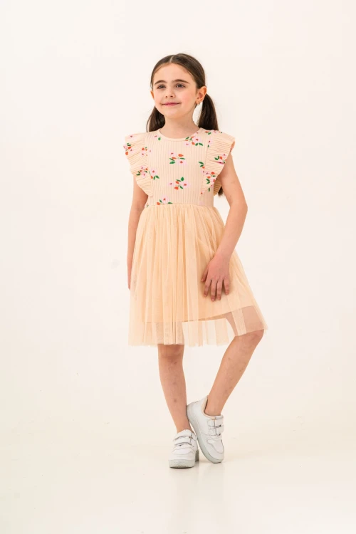 Çiçek Desenli Fırfırlı Kız Çocuk Elbise 009