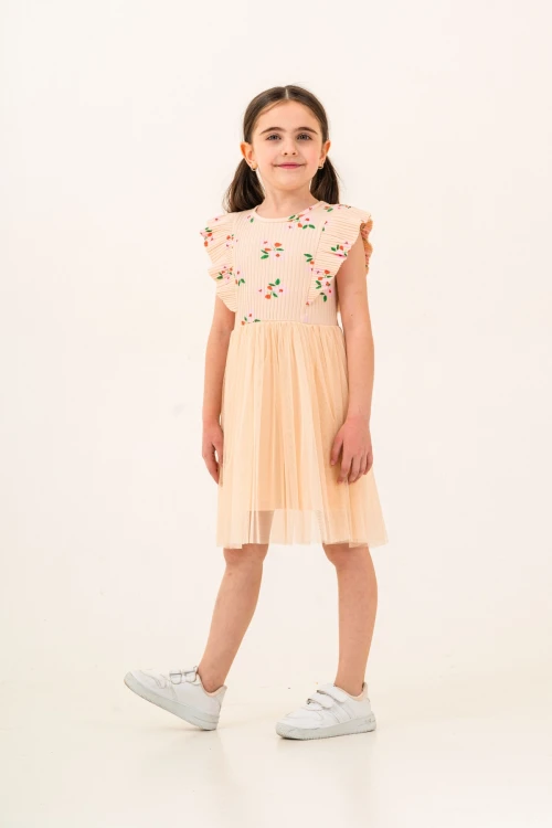 Çiçek Desenli Fırfırlı Kız Çocuk Elbise 009