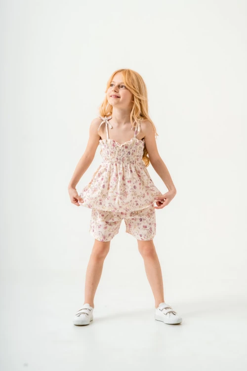 Çiçek Desenli İnce Askılı Kız Çocuk Takım 3818