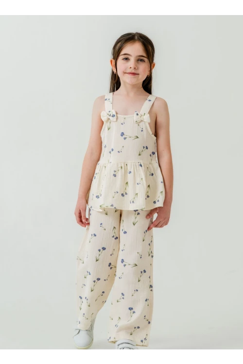 Çiçek Desenli Kız Çocuk Müslin Takım 3817