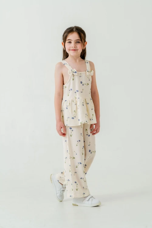 Çiçek Desenli Kız Çocuk Müslin Takım 3817