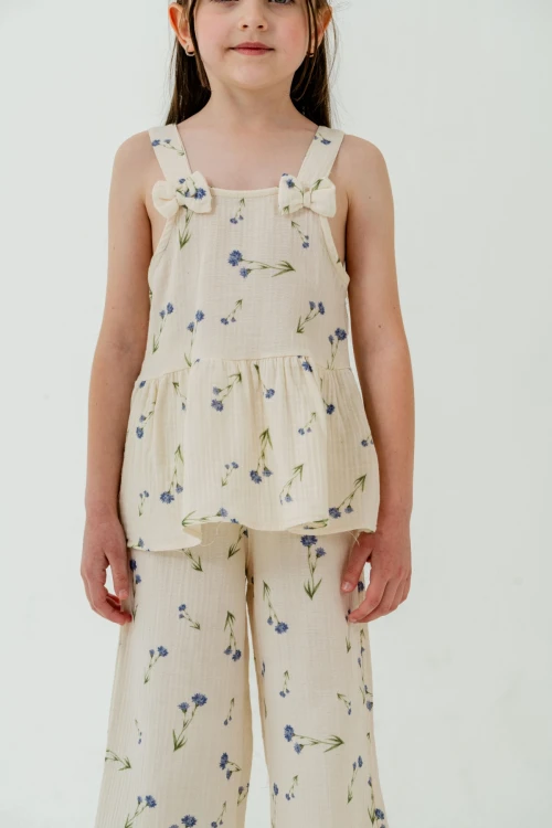 Çiçek Desenli Kız Çocuk Müslin Takım 3817