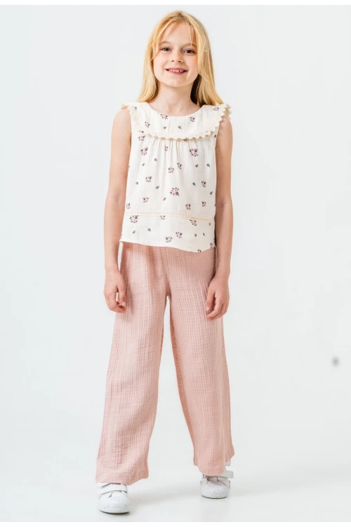 Çiçek Desenli Kız Çocuk Müslin Takım 3828