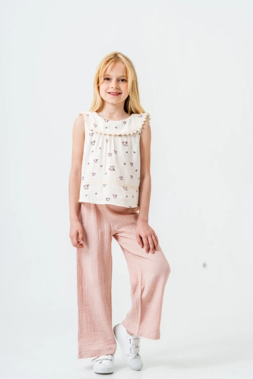 Çiçek Desenli Kız Çocuk Müslin Takım 3828