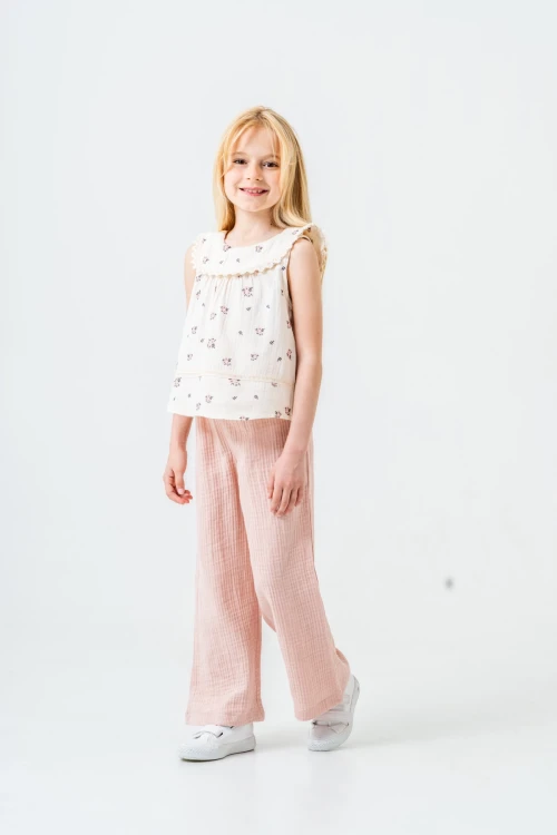 Çiçek Desenli Kız Çocuk Müslin Takım 3828