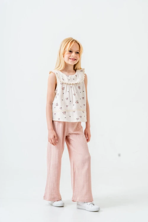 Çiçek Desenli Kız Çocuk Müslin Takım 3828