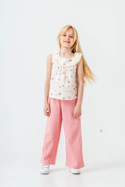 Çiçek Desenli Kız Çocuk Müslin Takım 3828