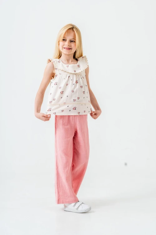 Çiçek Desenli Kız Çocuk Müslin Takım 3828