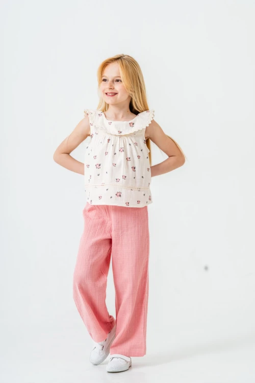 Çiçek Desenli Kız Çocuk Müslin Takım 3828